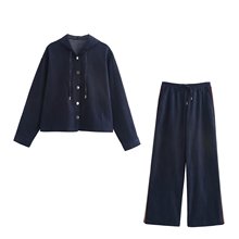 欧美风女装外贸新款连帽休闲宽松牛仔上衣+条纹饰高腰牛仔裤套装