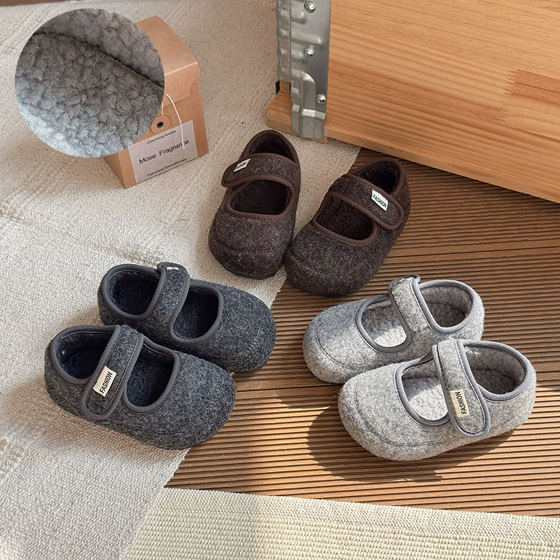Ins Retro Plus бархатная обувь Birkenstock новинка 2026 года зимняя новинка теплая меховая обувь в корейском стиле для девочек фетровая хлопковая обувь для мальчиков