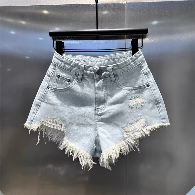Light Blue Retro Irregular Distressed Denim Shorts for Women, Summer Low-Waist Sexy Wide-Leg Straight Hot Pants