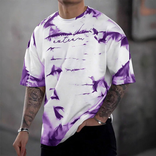 Summer Overseas Trade Men's Short Sleeve T-Shirt with 3D Print, Wholesale Trendy Crew Neck Short Sleeve Fitness Sports Base Layer Shirt
