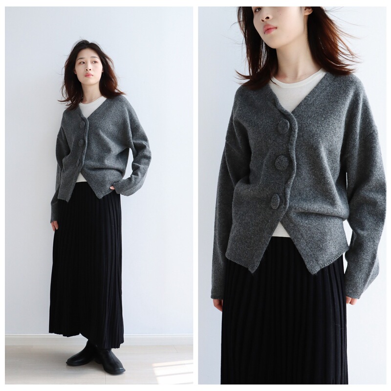 Handmade Origami Rolled Edge Large Round Button Retro Sweater Cardigan Small Camel Velvet Knitted Jacket Loose Casual V Neck Top