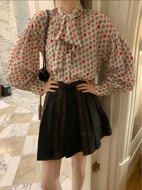 Valentine's Day date shirt bow print floral vintage top lace-up bow puff sleeve shirt