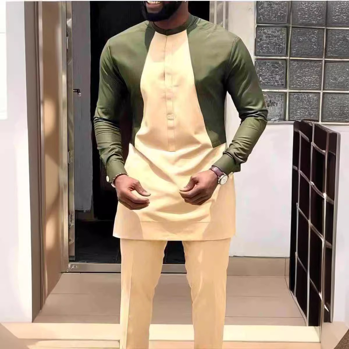Ensemble de costume africain pour homme – Chemise et pantalon à motifs tribaux 2 pièces pour soirées afrobeat – Mélange de coton wax et de polyester (M-4XL)_voghion.com