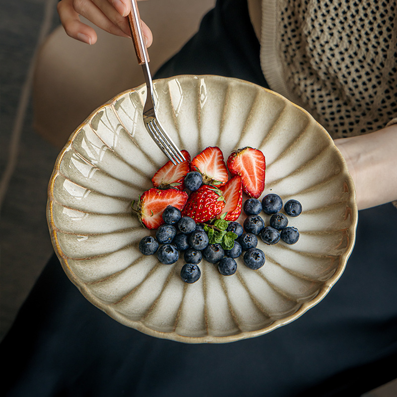 Fangju Yellow Relief 2025 nuevo plato de pasta de cerámica de disco de 8 pulgadas plato de postre retro plato de cena exportación transfronteriza