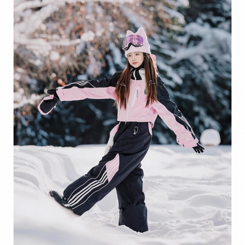Ldab Black and Pink Color-Blocking Short Ski Suit Set for Women 2026 Winter New Outdoor Windproof Snowboard and Ski Jacket