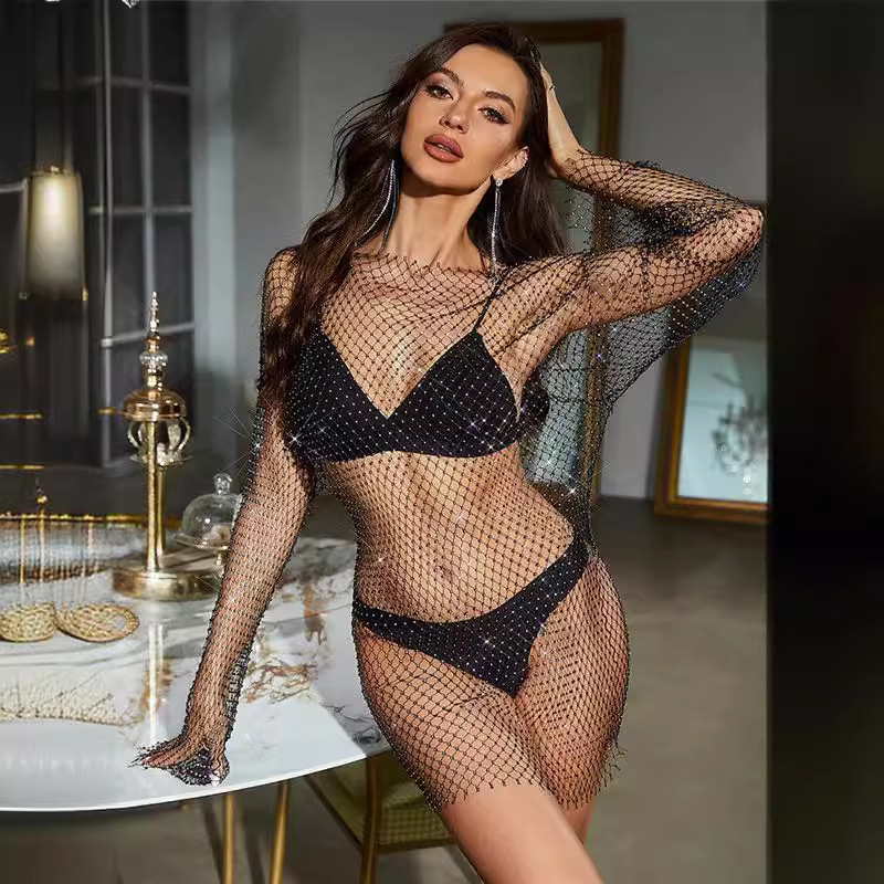 2026 European and American Fashion Hot-Selling Bell-Sleeve Mesh Rhinestone Round-Neck Dress Nightclub Sexy Hollow-Out Women's Dress