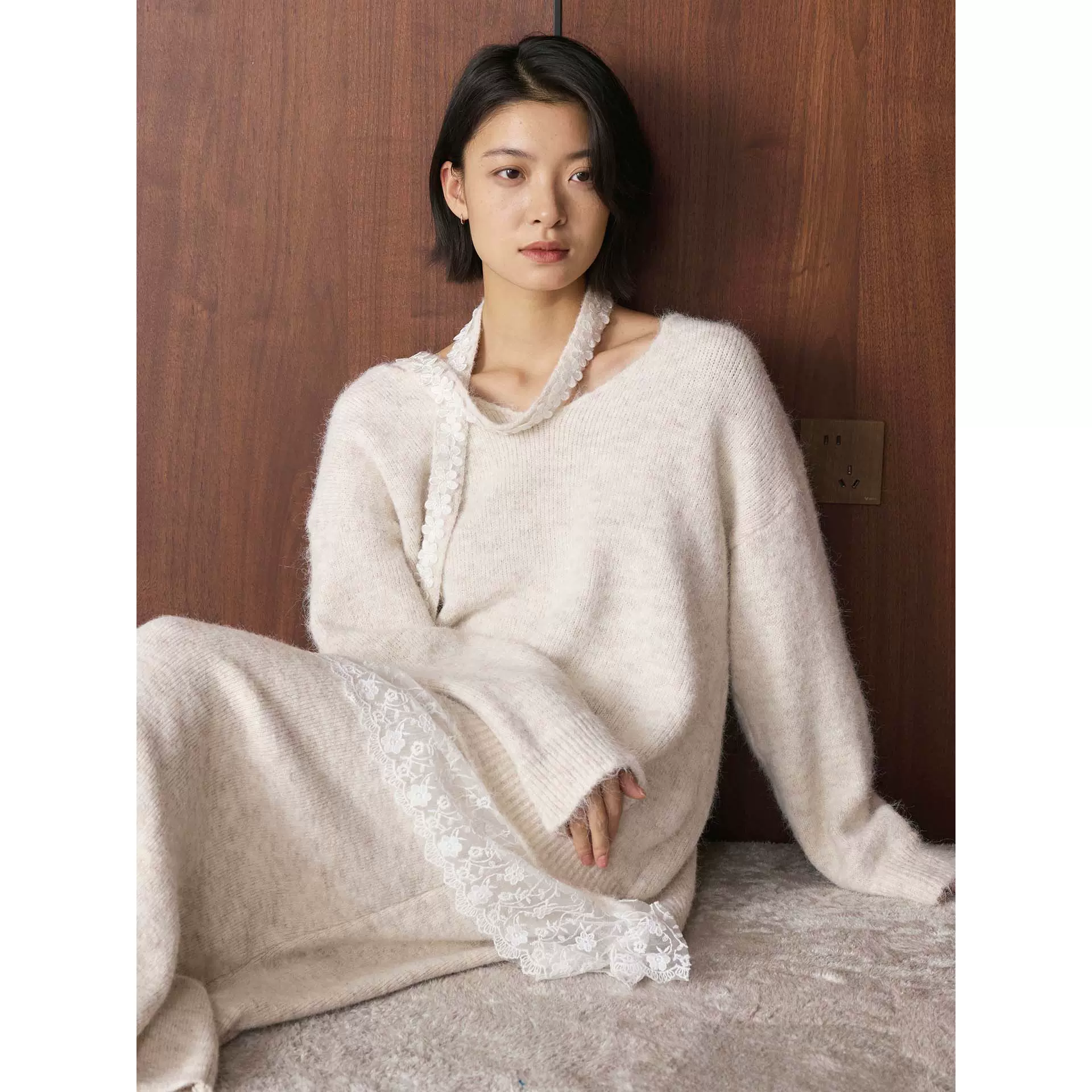 卢浮冬季新款韩系时髦蕾丝羊毛毛衣围巾半身裙三件套保暖套装女