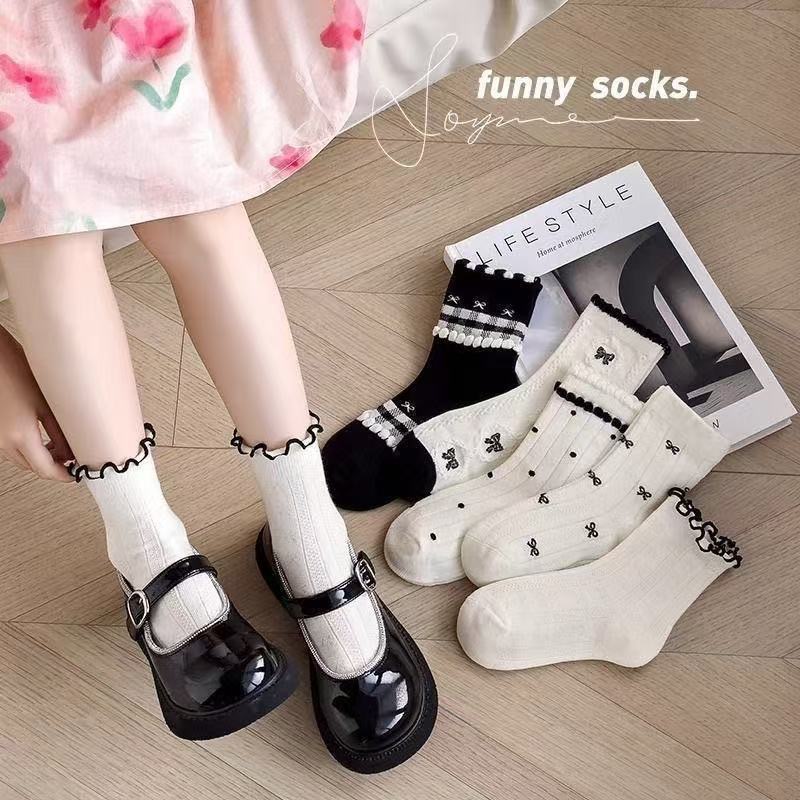 Girls' Lolita Socks Summer Lace Bow Fairy Style Mid-Tube Socks Sweet and Cute College Style Children's Socks