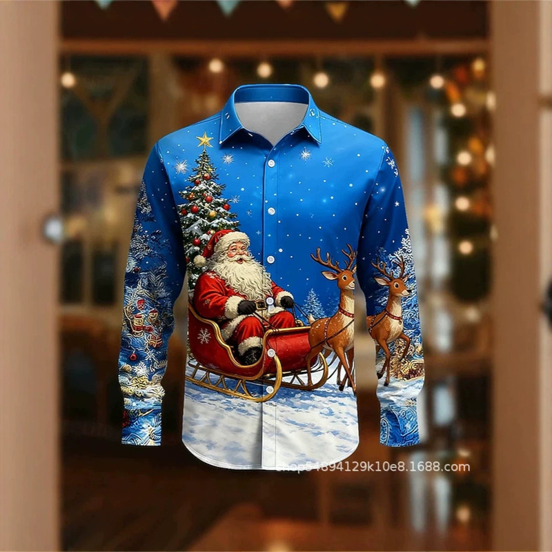 New cross-border men's long-sleeved shirt, elastic four-way stretch, autumn shirt, cross-border fashion men's Christmas shirt New cross-border men's long-sleeved shirt, elastic four-way stretch, autumn shirt, cross-border fashion men's Christmas shirt