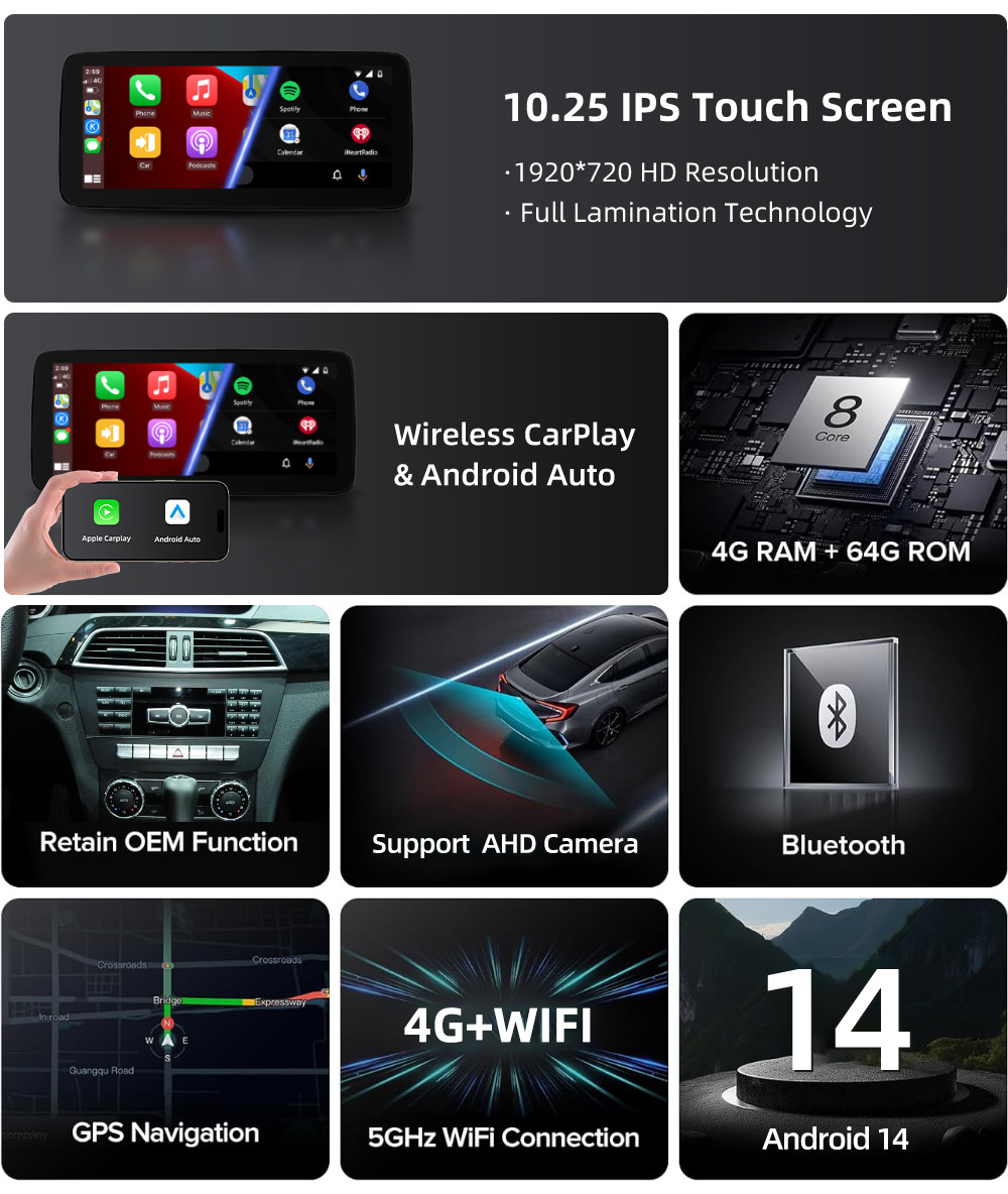 Original Car Style Android Central Control Large Screen Suitable for Mercedes-Benz C-Class W204 S204 2011-2015 Car Navigation Touch Screen