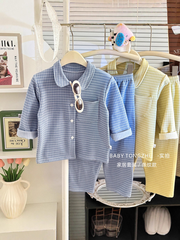 2025秋冬儿童睡衣套装韩版女童简约格子家居服男童翻领开衫两件套|undefined