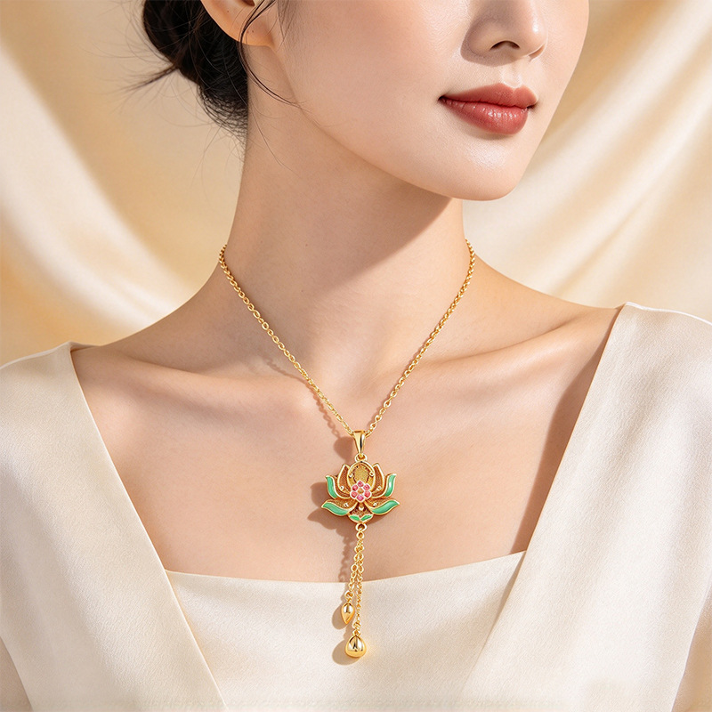 Dije para Collar con Flor de Loto y Flecos Bañado en Oro de 24K de Aleación para Mujeres image 5
