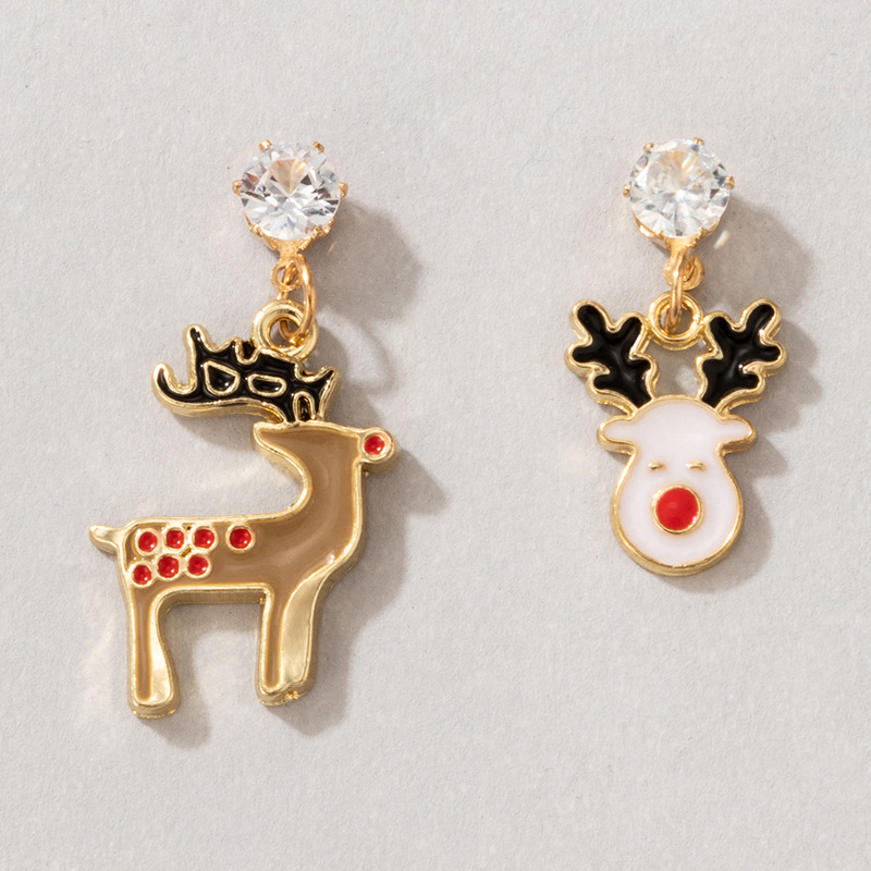 Holiday Ornaments Christmas Elk Drip Stud Earrings Asymmetric Animal Diamond Earrings