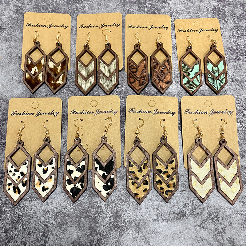 1 Pair Retro Cow Pattern Rhombus Pu Leather Drop Earrings display picture 4