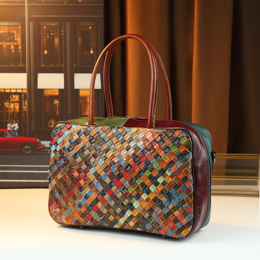 Retro Women's Handbag Top Grain Cowhide Fashion Large Capacity Patchwork Woven Shoulder Bag_voghion.com
