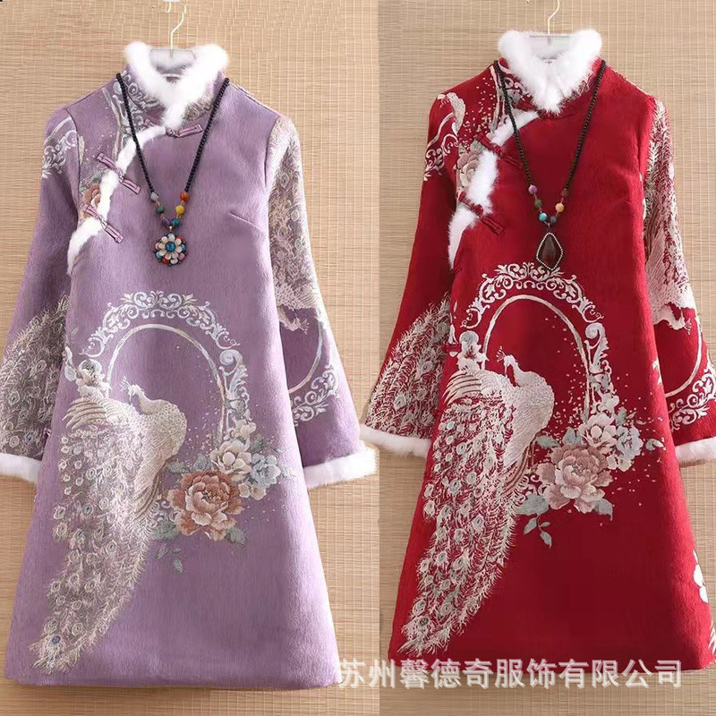 First love fat sister Tang suit Hanfu temperament high cool woolen autumn and winter New belly covering embroidered Cheongsam loose dress