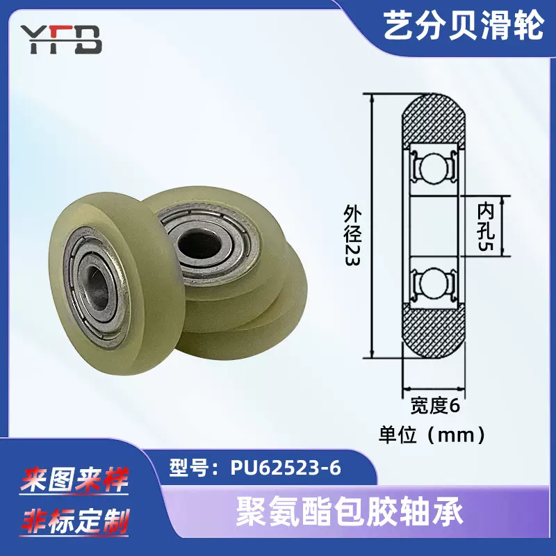 聚氨酯包胶轴承PU机械滑轮耐磨不脱胶23*6厚*5孔滚轮自动化机械