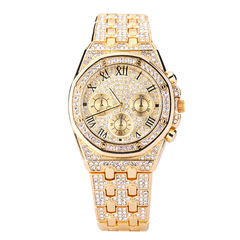Cross-border foreign trade Gypsophila steel band with diamonds men's watch full of diamonds three eyes Roman numerals quartz watch