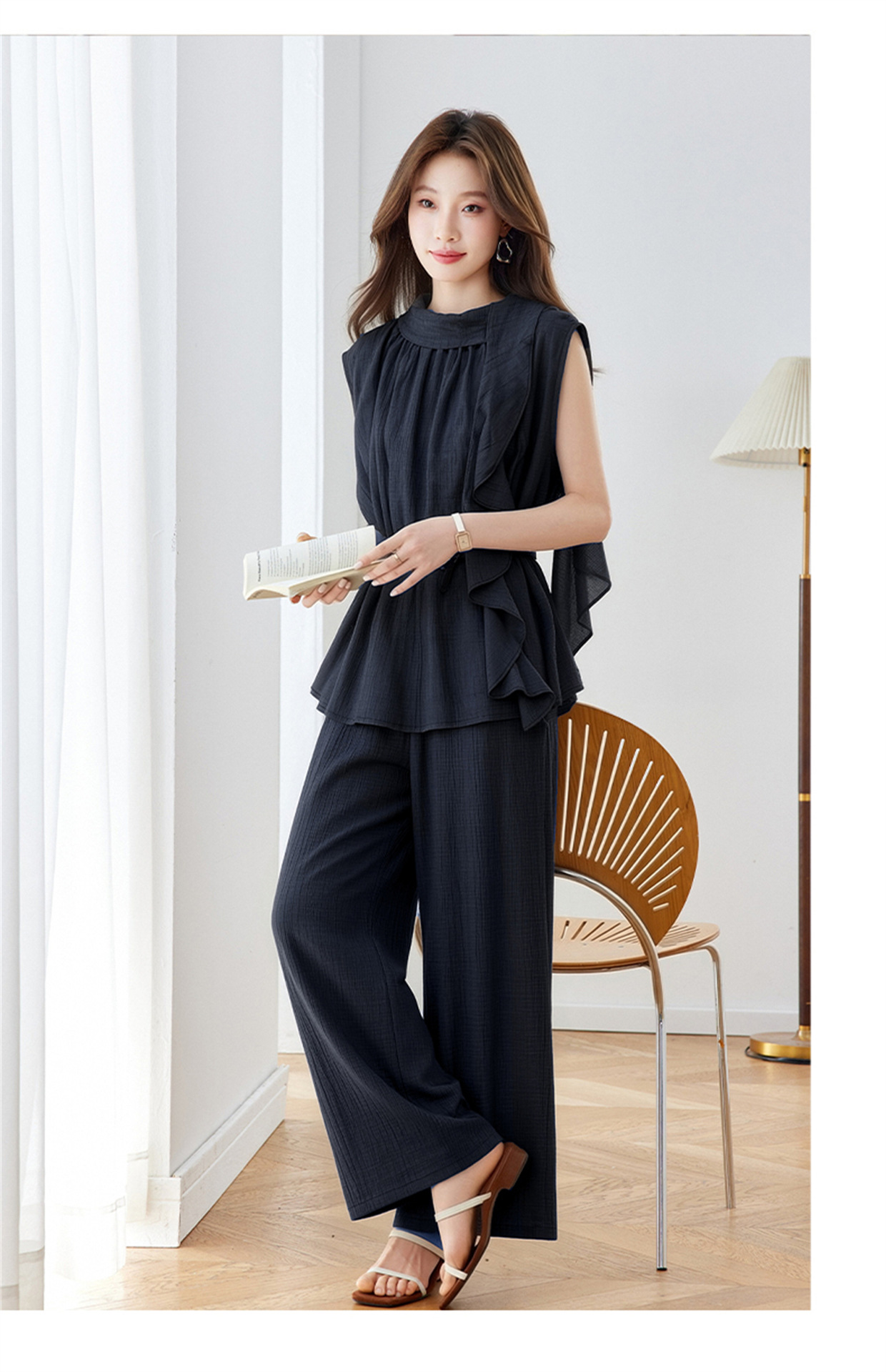 Bộ quần áo nữ hai mảnh áo sơ mi không tay phối quần ống rộng có thắt lưng — Xanh lông mòng đen, màu kaki chi tiết 18