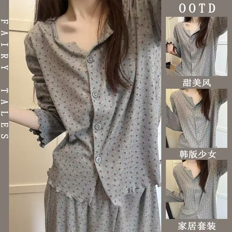 Source factory hot-selling ice silk ribbed spring Korean style long-sleeve long-pants women's high-fashion home wear two-piece set