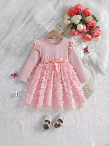 Independent Station Autumn and Winter Girls Three-dimensional Butterfly Sweet Mesh Belt Long-sleeved Dress