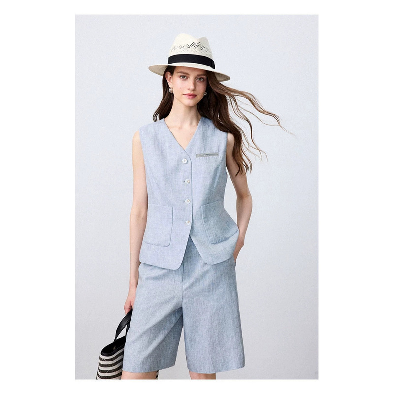 Discreet Luxury Silver Thread Linen B/C Bead Chain Embellished Waist-Cinching Vest/Straight-Leg Cropped Pants Set