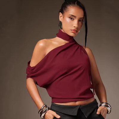 Cross-Border European and American Style Elegant Women's Workwear Top, Red Asymmetrical Off-Shoulder Shirt with Boat Neck and Diagonal Collar