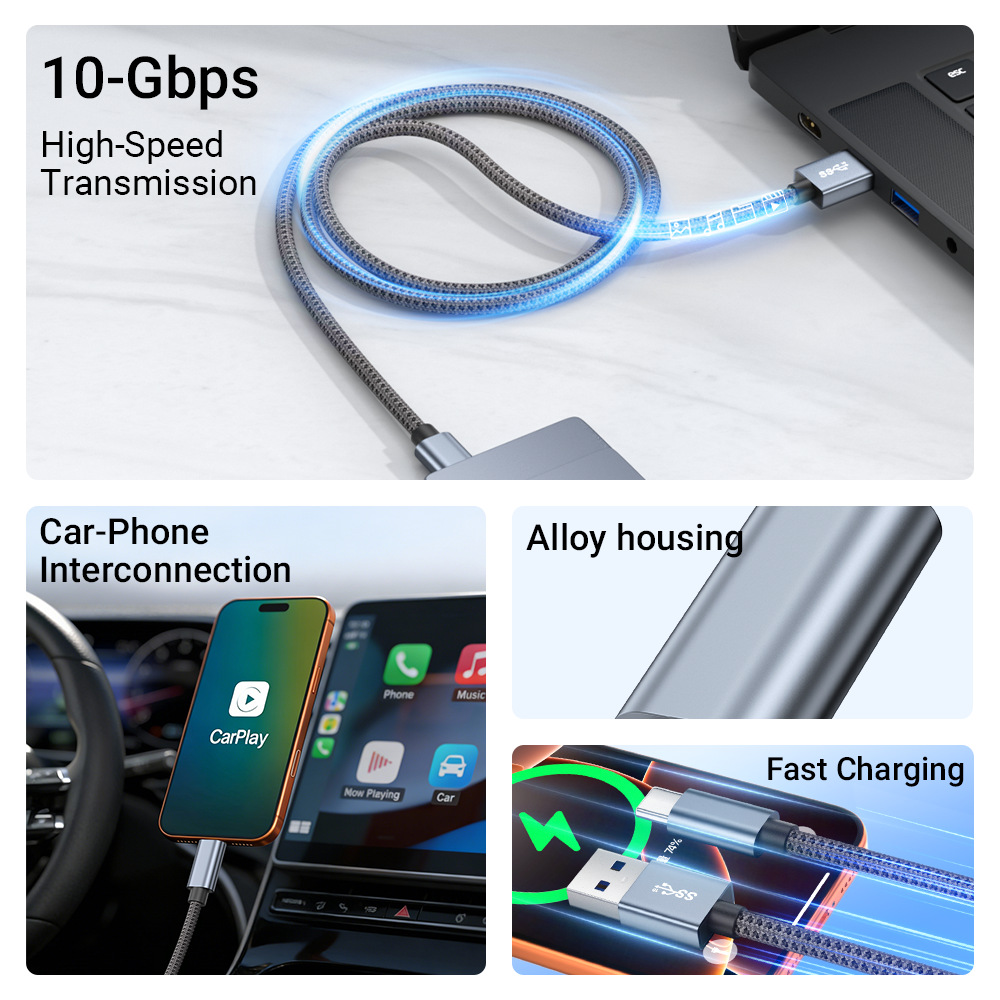 USB3.0 Cable 10Gbps Braided Jacket a to c 60W Charging Cord 2