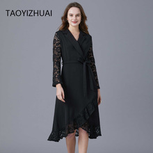 品牌黑色赫本风连衣裙 秋冬新款法式大码名媛拼接蕾丝A字妙龄裙