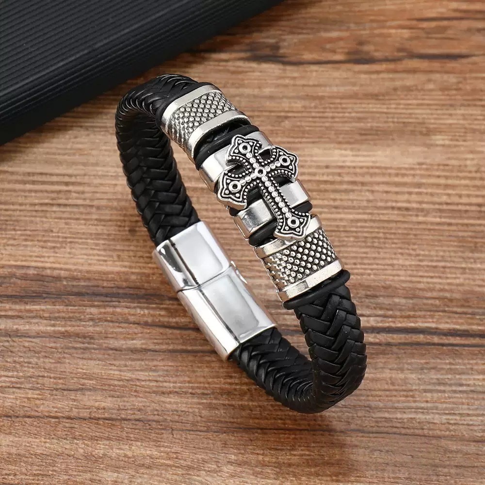 Cross-Border Popular Simple Leather Braided Bracelet Cross Leather Men's Bracelet European and American Popular Alloy Bracelet