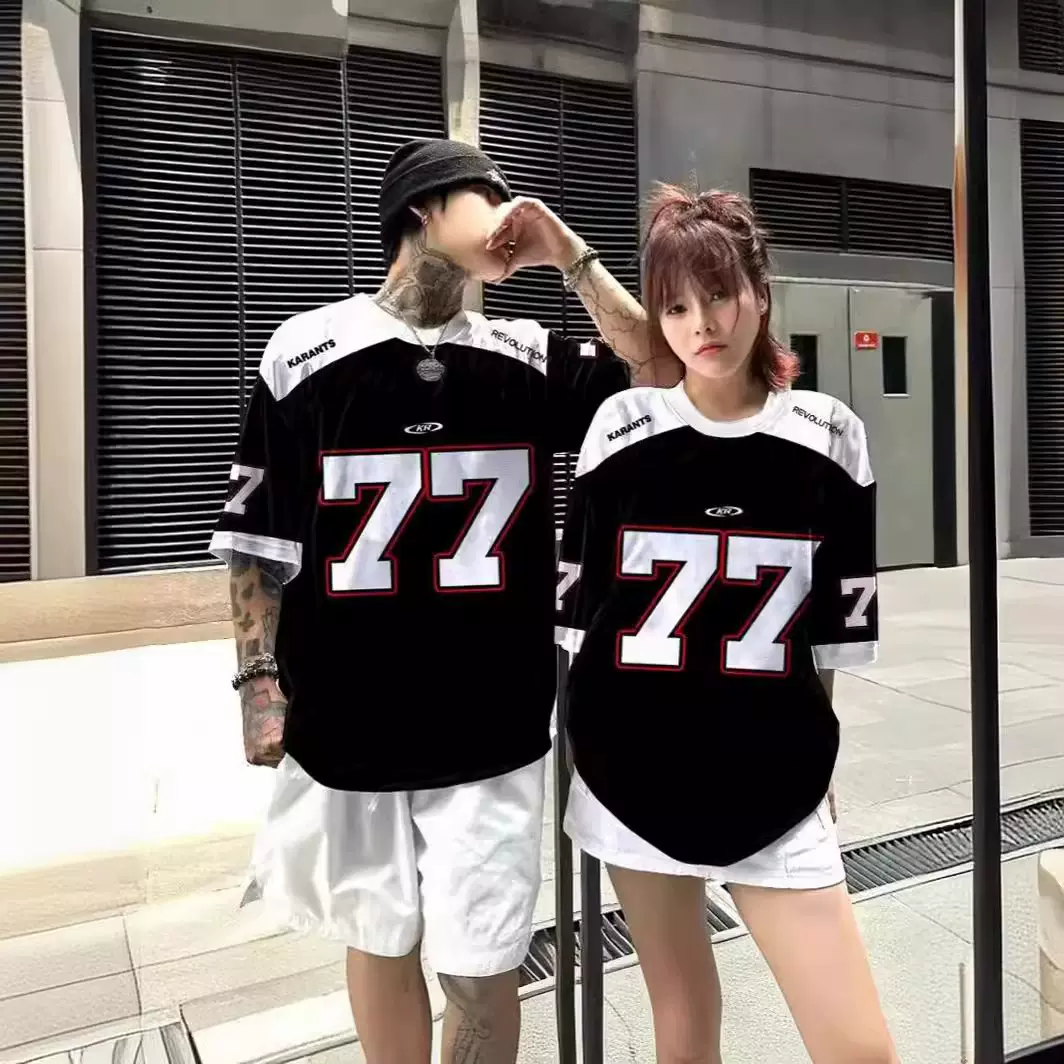 跨境爆款美式高街 hiphop球衣圆领宽松休闲百搭短袖印花T恤男女款