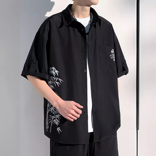 New Chinese Style 7/8 Sleeve Ice Silk Shirt for Men - Summer Trendy Brand National Style Short Sleeve Collar Shirt Loose Cool Feeling Easy to Clean Outerwear