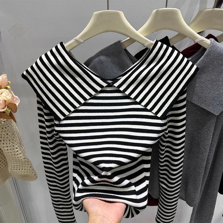 Lapel Knit Sweater European Style Navy Autumn and Winter Solid Color Slimming Long-Sleeve Sweater Base Shirt Top