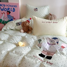 2025新款全棉双层纱贴布绣四件套 外贸纯棉纱布卡通绣花被套床品