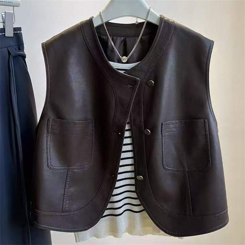 Pu Leather Vest for Women, Short Style, 2026 Autumn New Korean Style Sleeveless Vest, Brown Top