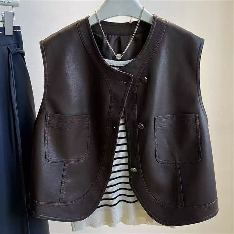 Pu Leather Vest for Women, Short Style, 2026 Autumn New Korean Style Sleeveless Vest, Brown Top Pu Leather Vest for Women, Short Style, 2026 Autumn New Korean Style Sleeveless Vest, Brown Top
