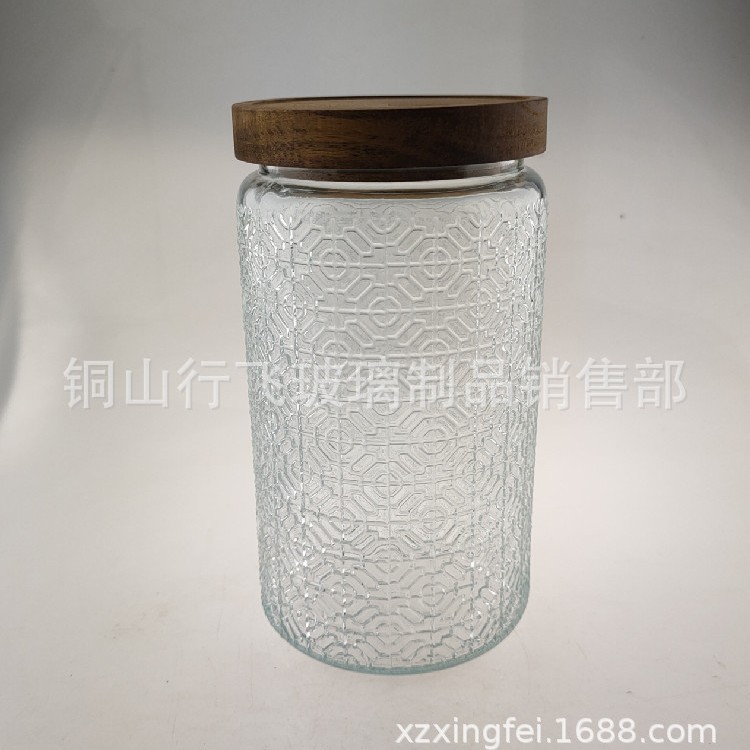 Frasco de vidrio de 1000ml con relieve de begonia y tapa de bambú, para almacenar té o granos