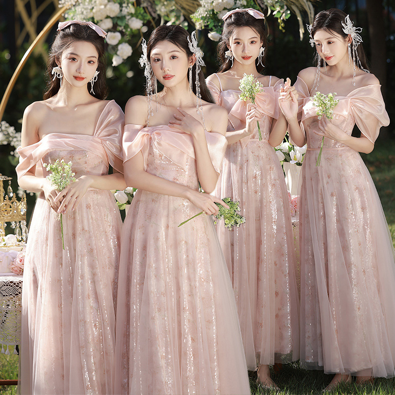 Wedding bridesmaid dress can be worn at ordinary times high sense niche pink fairy temperament small sisters Group evening dress for women