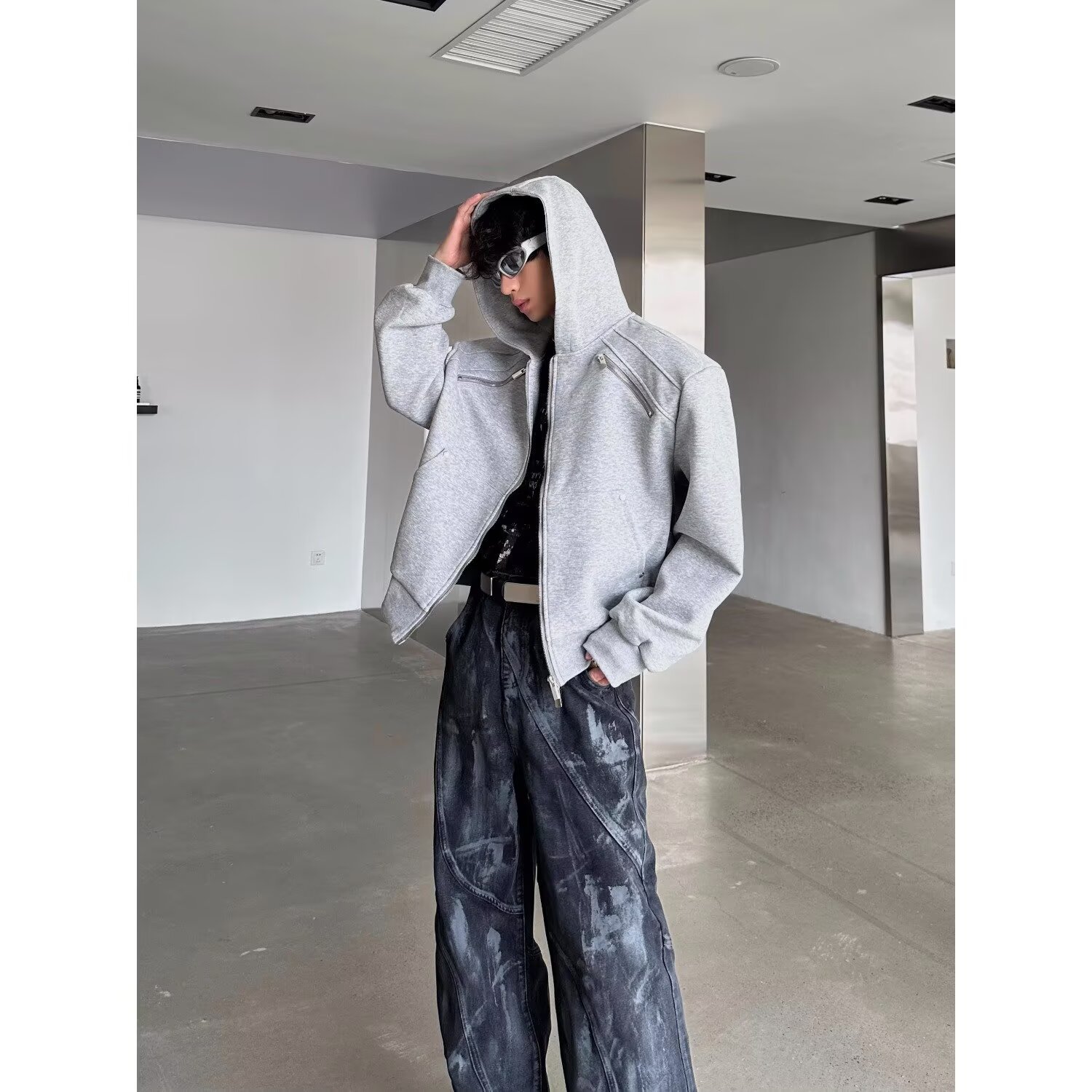 Men's Metal Zipper Hooded Jacket Deconstruction Design Style_voghion.com