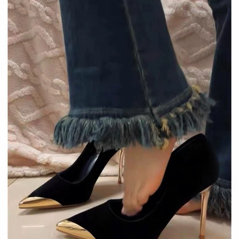 Черный замшевый металлический туфли на высоком каблуке женский каблук 2025 новый банкет