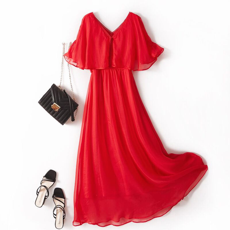 Summer New Entry Light Luxury Silk Dress OL Elegant Solid Color Simple Beach Long Dress 28011 Summer New Entry Light Luxury Silk Dress OL Elegant Solid Color Simple Beach Long Dress 28011