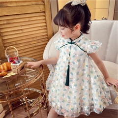 Girls' improved cheongsam skirt 2024 children's summer dress lace vest puffed sleeves stylish little girl's dress 