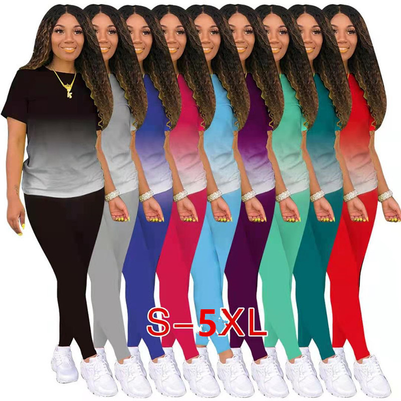 2023 Amazon Foreign Trade European and American Digital Printing Gradient Casual Two-Piece Home Clothes for Women