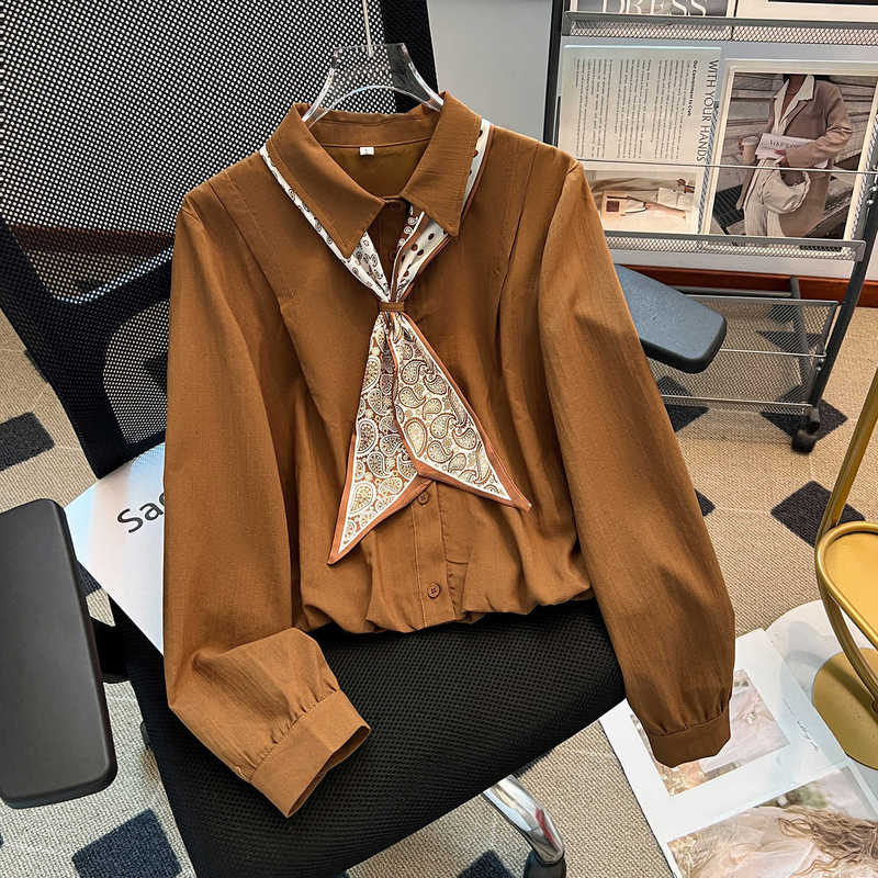 Casual Long-Sleeve Shirt with Tie, Short Top for Women, Early Autumn 2026 New Style, Loose Fit for Petite Figures