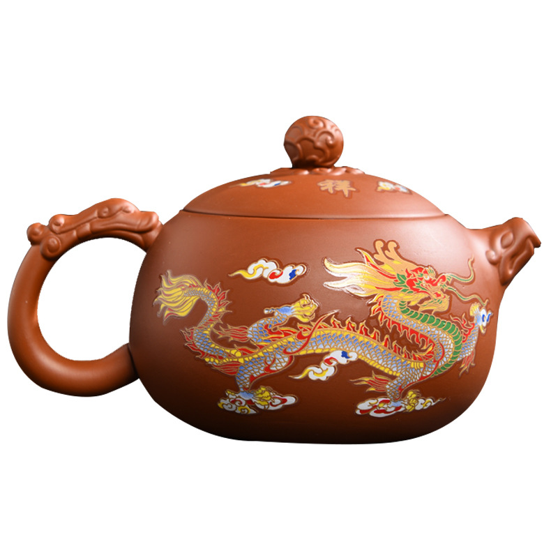 Gran tamaño de tetera de arena púrpura decolorante caliente hecha a mano té de dragón y phoenix té para hacer té para el hogar no caliente