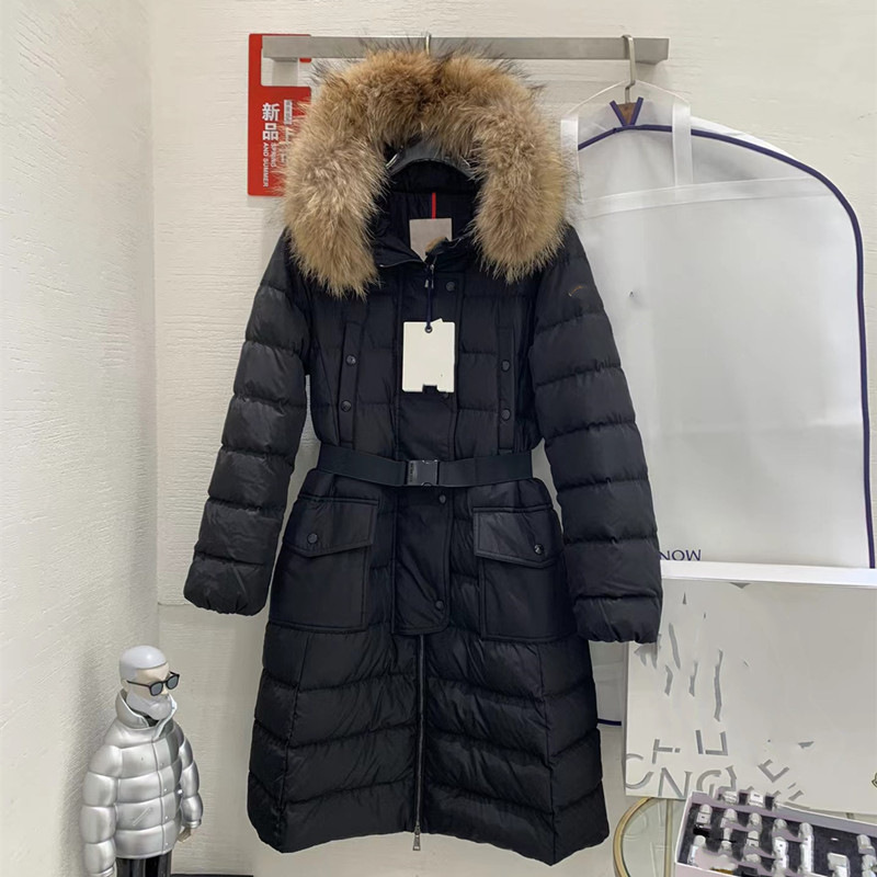 Classic mm Women's Hooded Large Fox Fur Collar Mid-Length Belt Waist Slim Goose down Jacket for Women