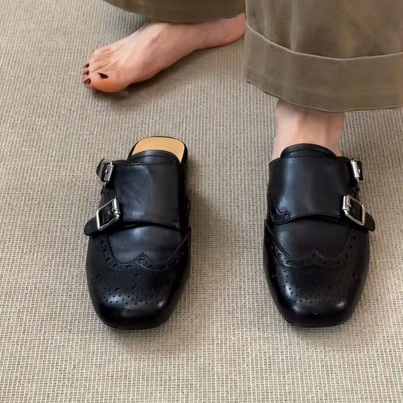 Sheepskin Version~ Slip-On Double-Buckle Genuine Leather Black Closed-Toe Shoes for Women, Retro Versatile Square-Toe Brogue Mules