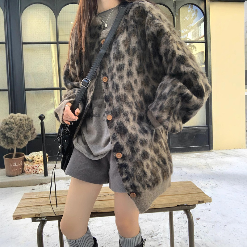 美式复古风宽松豹纹提花毛衣外套女2025秋冬加厚慵懒风针织开衫|undefined
