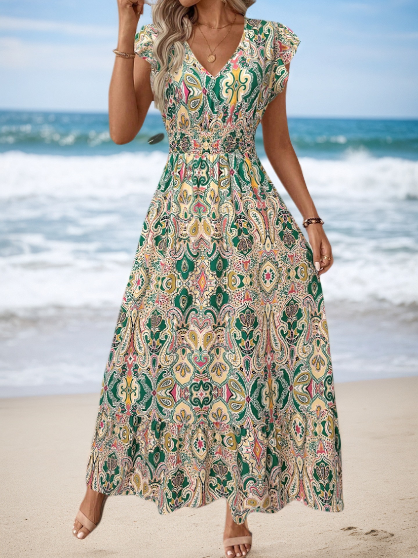 European And American Summer Bohemian Beach Vacation Style Printed Women's Cross-Border Waist-Cinching Long Dress_ecoleips.com