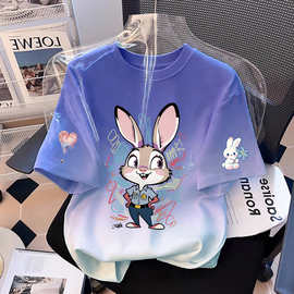 儿童夏季纯棉衣服韩版童装女童卡通可爱短袖t恤百搭渐变休闲上衣
